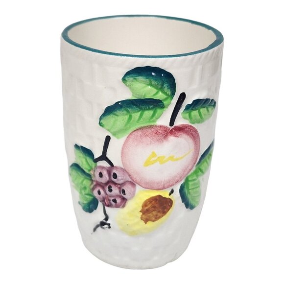 Vtg Basket Weave Pottery Cups Hand Painted Fruit Ceramic Cup Set (6) MCM Glasses - Picture 5 of 12